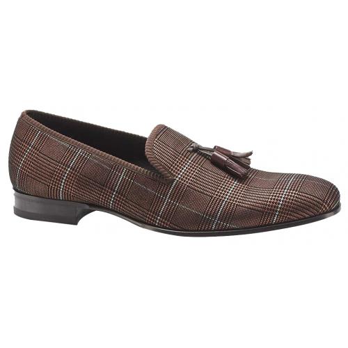 Mezlan "Motril" 8160 Brown Genuine Printed Suede With Calf Tassels And Satin Fabric Trim Loafer Shoes.